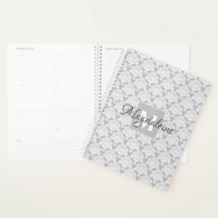 Vrouwelijk Grijs & Wit Damask Naam Monogram Planner