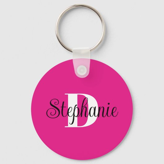 Vrouwelijk heet roze zwart en wit modern monogram sleutelhanger (Voorkant)