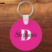 Vrouwelijk heet roze zwart en wit modern monogram sleutelhanger (Voorkant)