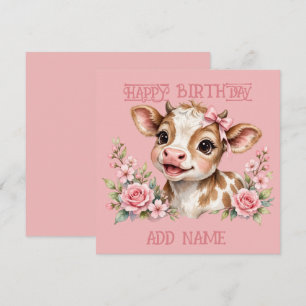 Vrouwelijk Kalf: Baby Dier Pastel lint & Bloemen Kaart