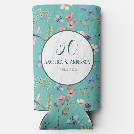 Vrouwelijk Licht Blauwgroen Bloemen Wildbloempatro Seltzer Blikjeskoeler (Achterkant)