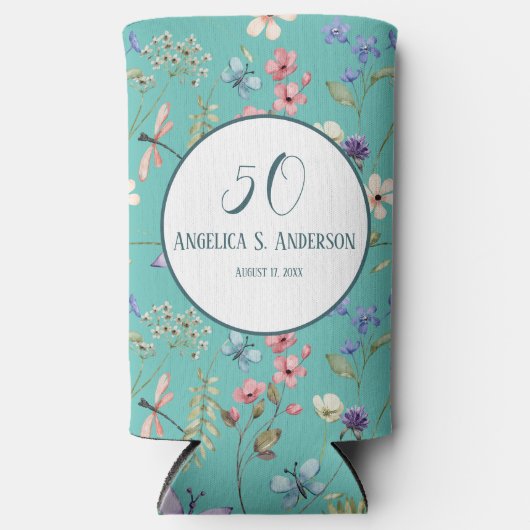 Vrouwelijk Licht Blauwgroen Bloemen Wildbloempatro Seltzer Blikjeskoeler (Voorkant)