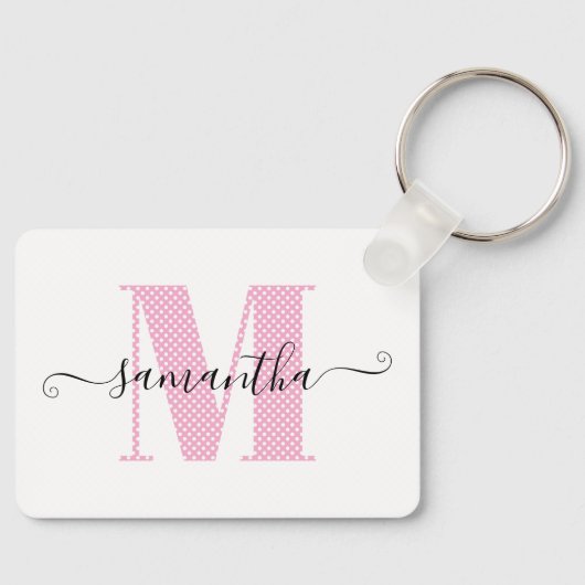 Vrouwelijk lichtroze en witte polka stip monogram sleutelhanger (Voorkant)