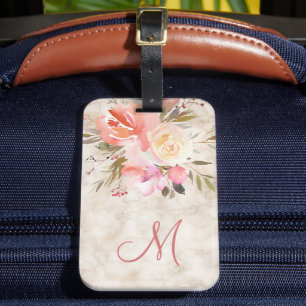 Vrouwelijk Marmer en Bloemen Patroon met Monogram Bagagelabel