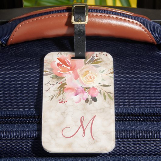 Vrouwelijk Marmer en Bloemen Patroon met Monogram Bagagelabel (Voorkant Insitu 2)