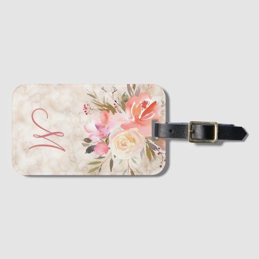 Vrouwelijk Marmer en Bloemen Patroon met Monogram Bagagelabel (Voorkant (horizontaal))