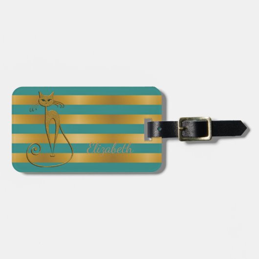 Vrouwelijk Moderne Chic, Glitterende Kat -Strepen Bagagelabel (Voorkant horizontaal)