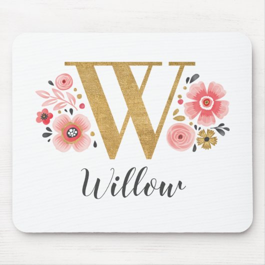 Vrouwelijk Monogram Initiaal Roze Gouden Letter W Muismat (Voorkant)
