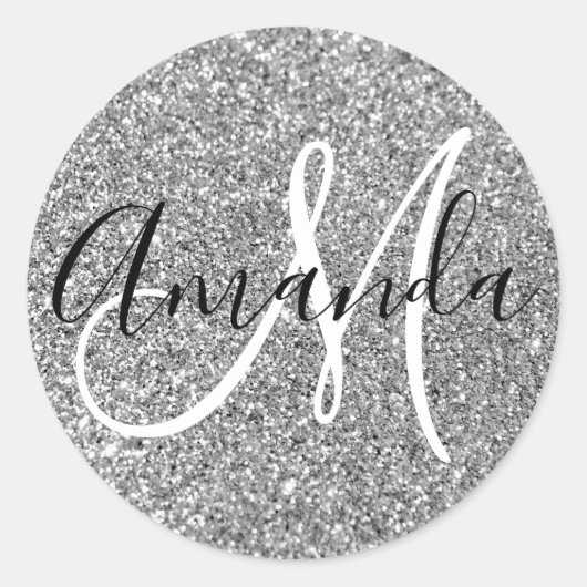 Vrouwelijk Monogram Nep Zilver Glitters Ronde Sticker (Voorkant)