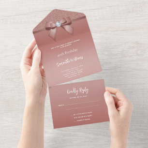 Vrouwelijk Roos Gold Gem Bow & Glitter Verjaardag All In One Uitnodiging