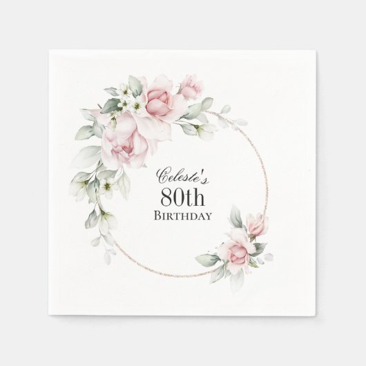 Vrouwelijk roze bloemig 80ste verjaardagsfeestje servet (Voorkant)