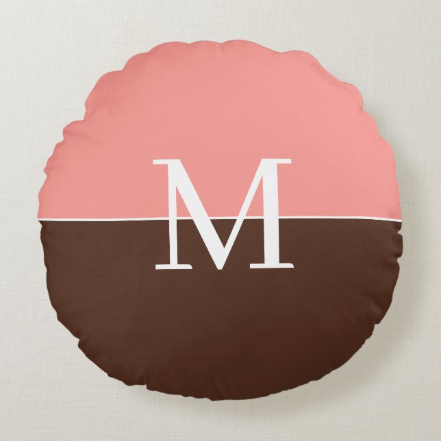 Vrouwelijk roze & bruin monogram rond kussen (Voorkant)