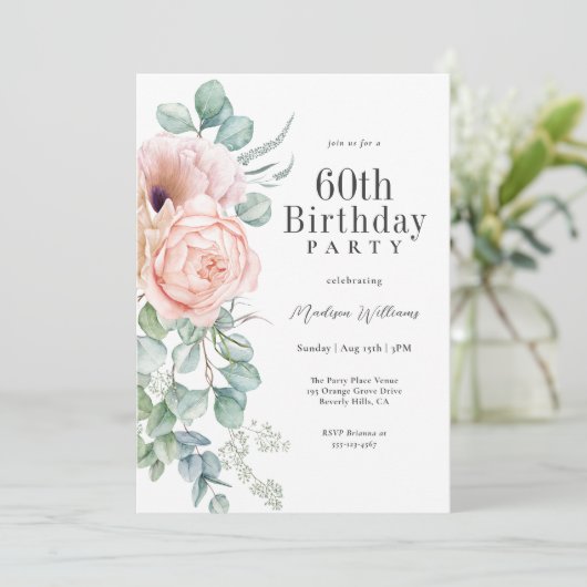 Vrouwelijk Roze en Beige Bloemen 60ste Verjaardags Kaart (Staand voorkant)