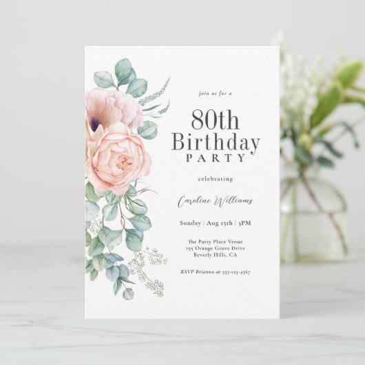 Vrouwelijk Roze en Beige Bloemen 80ste Verjaardags Kaart (Staand voorkant)