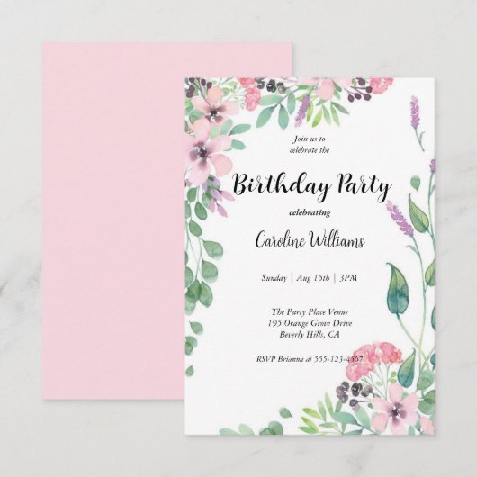 Vrouwelijk Roze en Beige Bloemen Verjaardagsfeest Kaart (Voorkant / Achterkant)