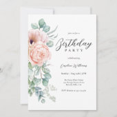 Vrouwelijk Roze en Beige Bloemen Verjaardagsfeest Kaart (Voorkant)