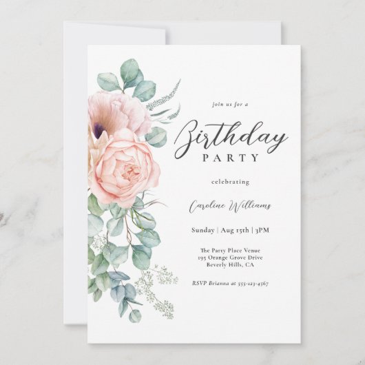 Vrouwelijk Roze en Beige Bloemen Verjaardagsfeest Kaart (Voorkant)