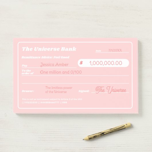 Vrouwelijk Roze Geld Manifestatie Blanco Check Post-it® Notes (Op bureau)
