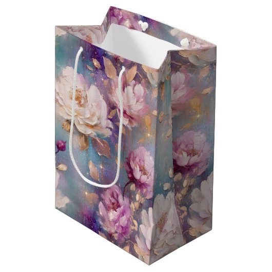 Vrouwelijk Roze Goud en Witte Bloemen Medium Cadeauzakje (Voorkant Gekanteld)