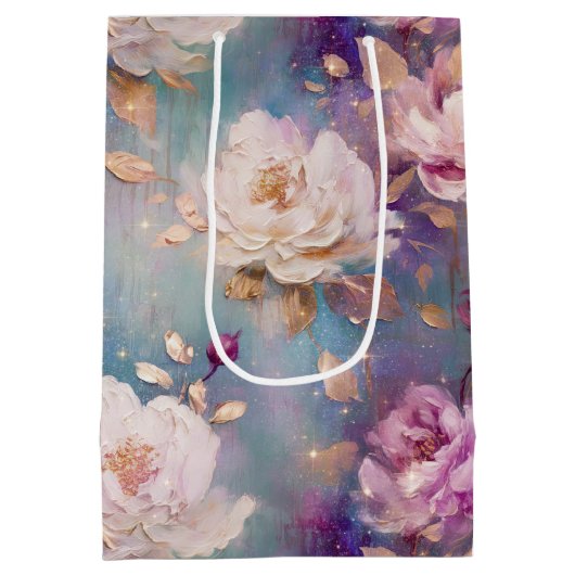 Vrouwelijk Roze Goud en Witte Bloemen Medium Cadeauzakje (Achterkant)