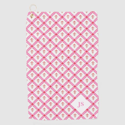 Vrouwelijk roze & rode patroon met initialen golfhanddoek (Voorkant)