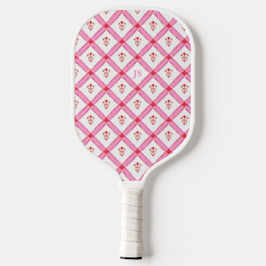 Vrouwelijk roze & rode patroon met initialen pickleball paddle (Achterkant)