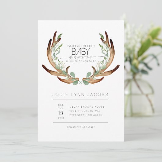 Vrouwelijk rustiek gewei | BABY SHOWER WATERVERF Kaart (Staand voorkant)