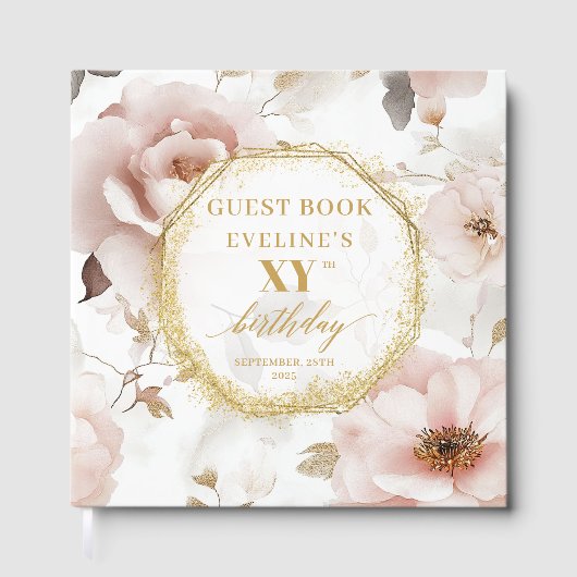 Vrouwelijk stoffig roze ivoor gouden verjaardagsev gastenboek (Voorkant)