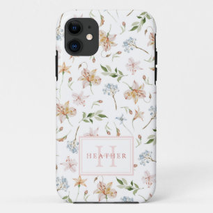 Vrouwelijk waterverf bloemenpatroon met monogram Case-Mate iPhone case