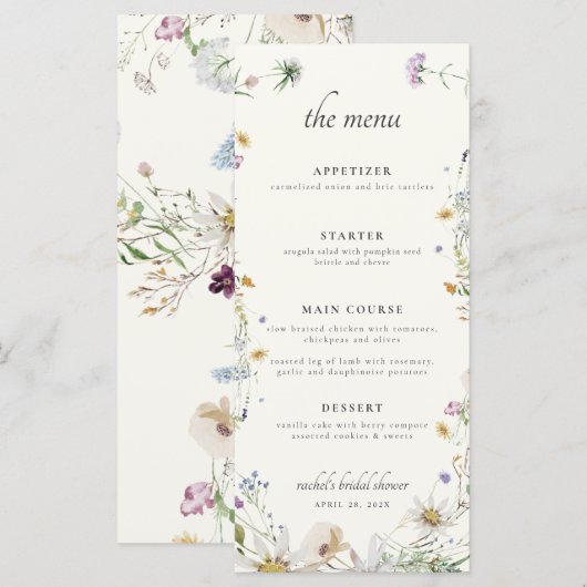 Vrouwelijk Wildflower Vrijgezellenfeest Menu (Voorkant / Achterkant)