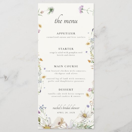 Vrouwelijk Wildflower Vrijgezellenfeest Menu (Voorkant)