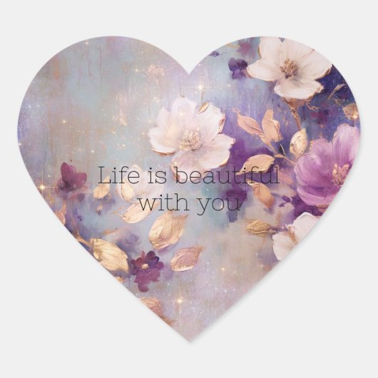 Vrouwelijk wit glam goud Paarse bloemen Hart Sticker (Voorkant)