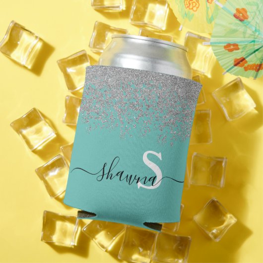 Vrouwelijk zilver en turquoise monogram aqua glans blikjeskoeler (Insitu Zomer)