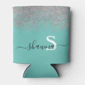 Vrouwelijk zilver en turquoise monogram aqua glans blikjeskoeler (Voorkant)