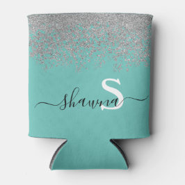 Vrouwelijk zilver en turquoise monogram aqua glans blikjeskoeler