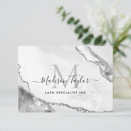 Vrouwelijk Zilver Grijs Glitter Marmer Agate Monog Kaart (Staand voorkant)
