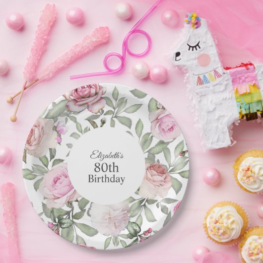 Vrouwelijk Zomer Roos Tuin Bloemen 80e Verjaardag Papieren Bordje (Feest)