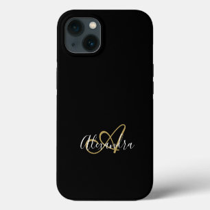 Vrouwelijk Zwart Goud Elegant Monogram Script iPhone 13 Hoesje