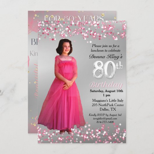 Vrouwelijke 80ste verjaardag roze Sparkly 2 foto Kaart (Voorkant / Achterkant)