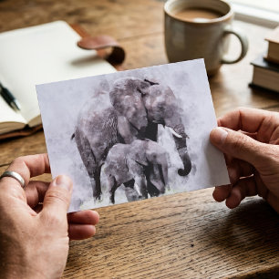 Vrouwelijke Afrikaanse Olifant met Kalf Aquarel Briefkaart