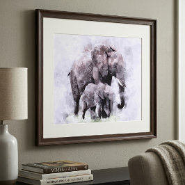 Vrouwelijke Afrikaanse Olifant met Kalf Aquarel Foto Afdruk