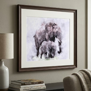 Vrouwelijke Afrikaanse Olifant met Kalf Aquarel Foto Afdruk