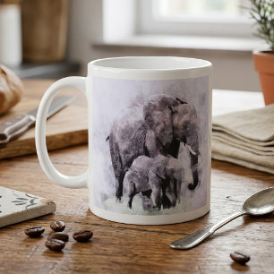 Vrouwelijke Afrikaanse Olifant met Kalf Aquarel Koffiemok