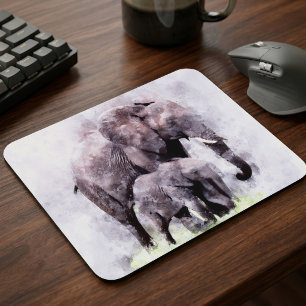 Vrouwelijke Afrikaanse Olifant met Kalf Aquarel Muismat
