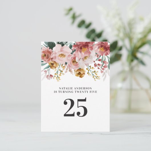 Vrouwelijke aquarel bloem bewerkbare leeftijd verj briefkaart (Staand voorkant)