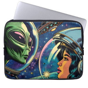 Vrouwelijke astronaut ontmoet buitenaards wezen  laptop sleeve