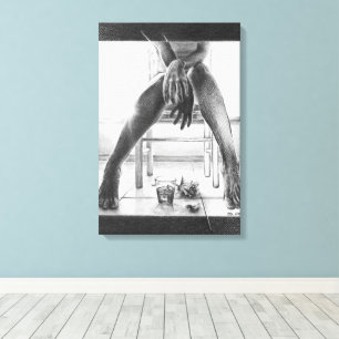 Vrouwelijke benen, glas en roos Potlood tekening k Canvas Afdruk