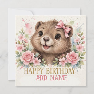 Vrouwelijke Bever: Baby Dier Pastel lint & Bloemen Kaart