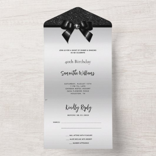 Vrouwelijke Black Gem Bow & Glitter Verjaardag All In One Uitnodiging (Binnen)
