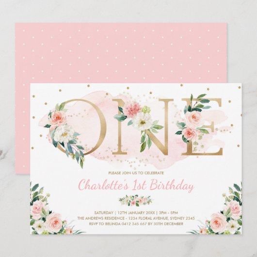 Vrouwelijke Bloemen 1e Verjaardag Blush Roze Bloem Kaart (Voorkant / Achterkant)